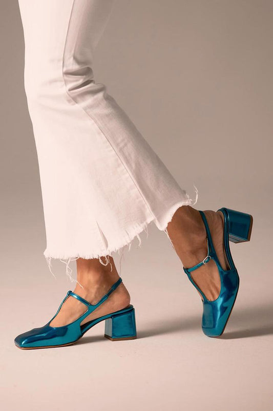 T-Strap Buckle Square Toe Slingback Blue Chunky Heels [Pre Order]