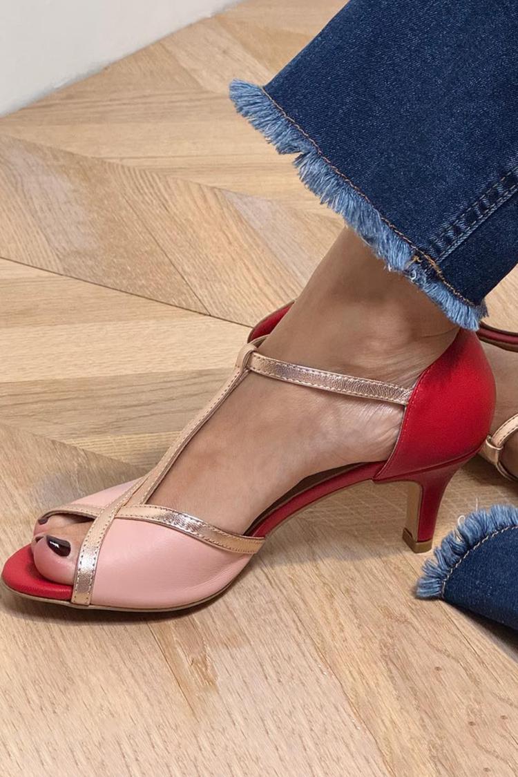Scarpe con tacco a spillo rosse con cinturino a T e fibbia color block [Pre-ordine]