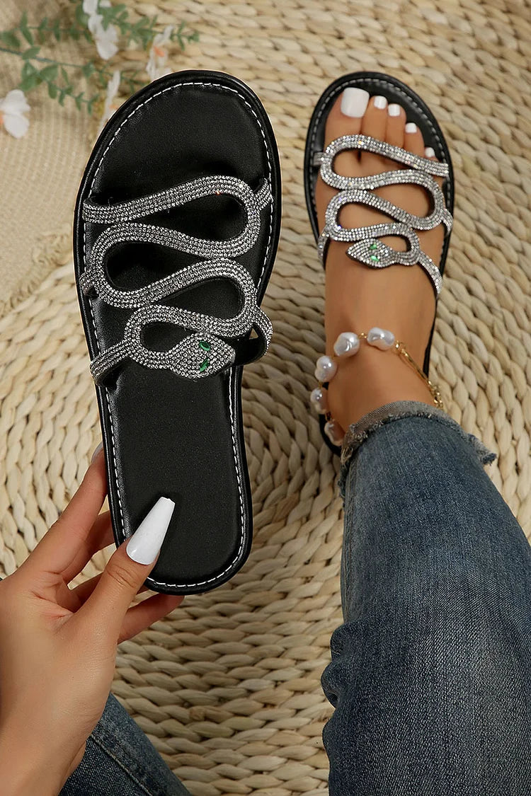 Pantuflas con punta redonda y correa en forma de serpiente con diamantes de imitación 