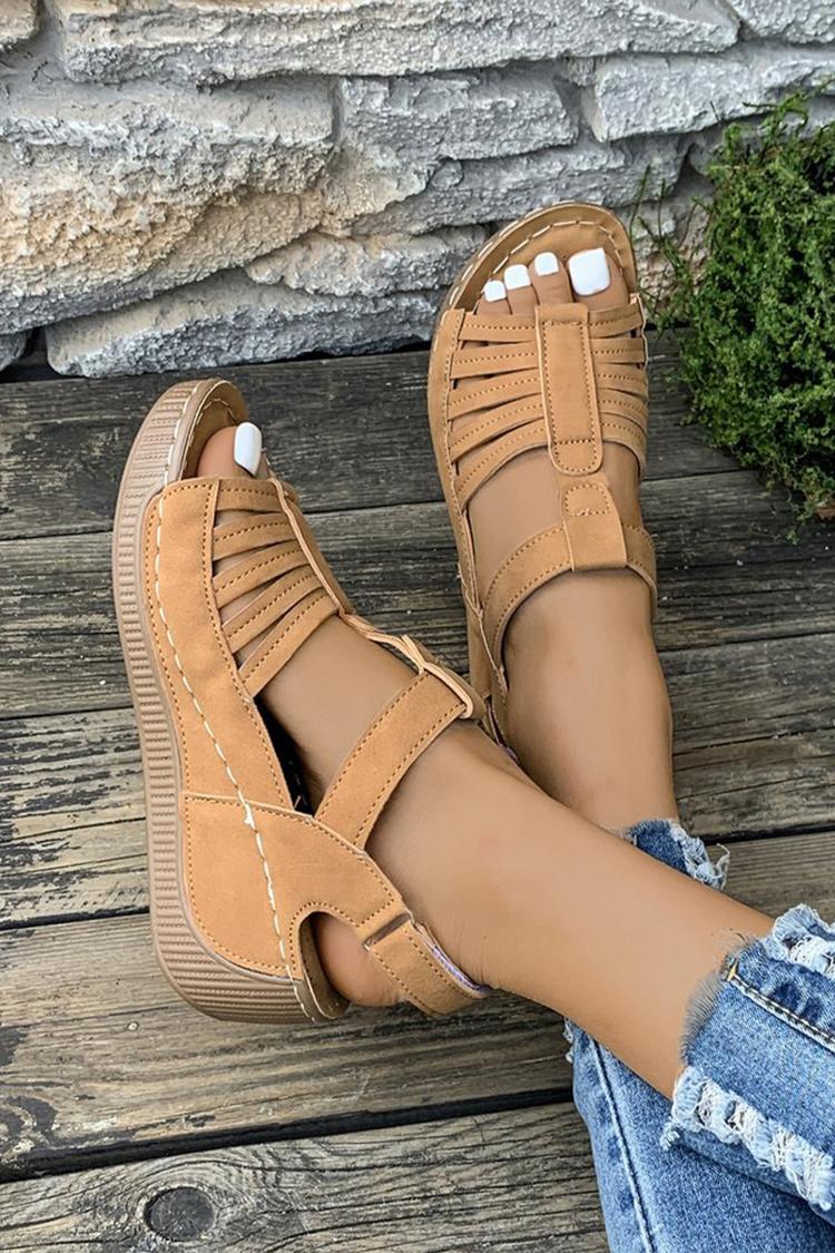 Sandali casual con zeppa, punta tonda e cinturino a T in tinta unita