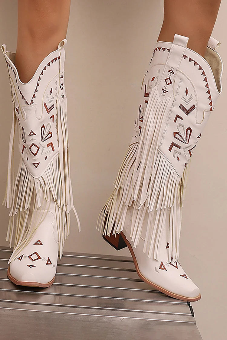 Tribal Pattern Embroidery Fringe Pointed Toe Chunky Heel Western Boots