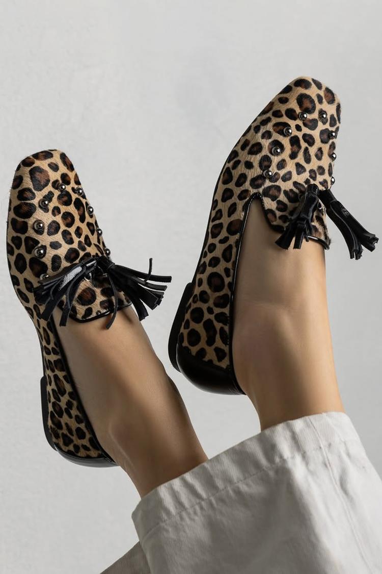 Leopardenmuster Metall Dekor Quasten Quadratische Zehen Khaki Loafers [Vorbestellung]