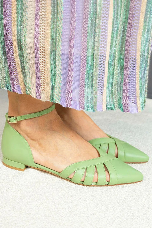 Ankle Strap Buckle Solid Color Pointed Toe Green Flats