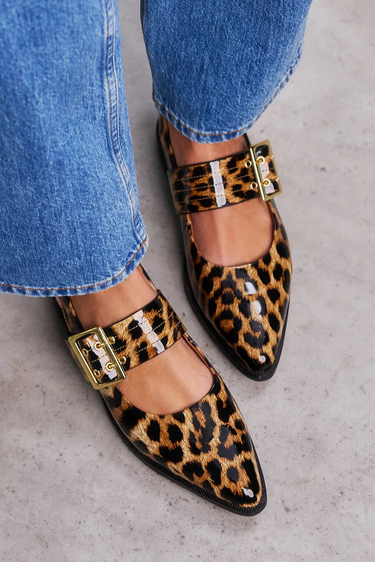 Leopard Print Instep Strap Buckle Pointed Toe Flats [Pre Order]