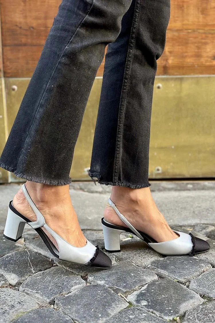 Patchwork Raw Trim Slingback Light Gray Sandals Heels [Pre Order]