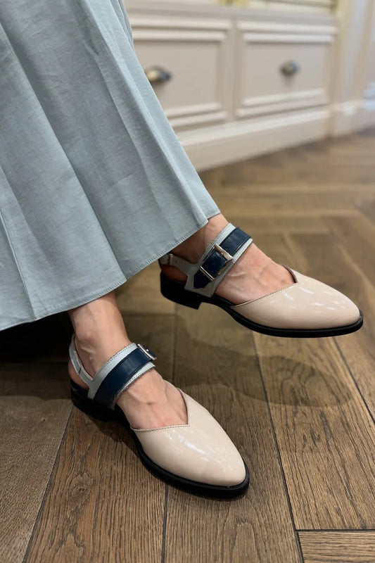 Colorblock Strap Buckle Pointed Toe Slingback Beige Flats [Pre Order]