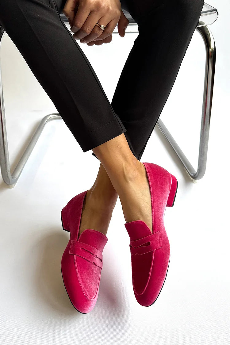 Solid Color Patchwork Round Toe Fuchsia Loafers [Pre Order]