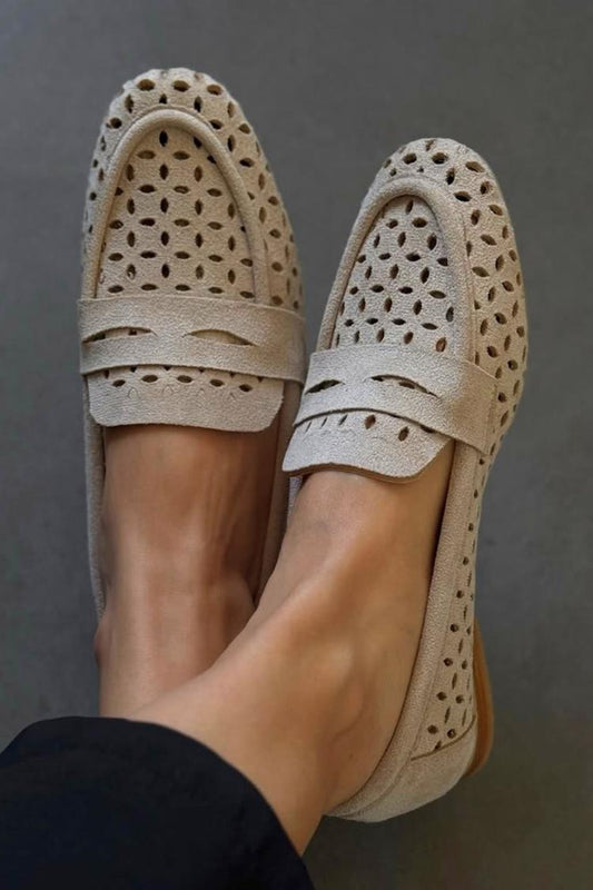 Ausgehöhlt Einfarbig Runde Spitze Freizeit Beige Loafers [Vorbestellung]