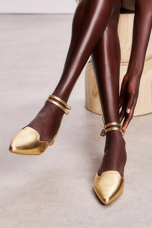 Pointed Toe Metallic Sheen Ankle Straps Buckles Gold Flats [Pre Order]
