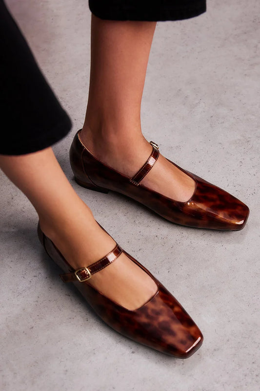 Square Toe Instep Strap Buckle Brown Flats [Pre Order]