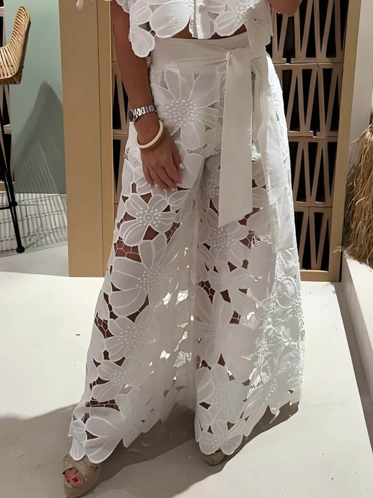 Exquisite Floral Embroidered Hollow Lace Wide-Leg Pants