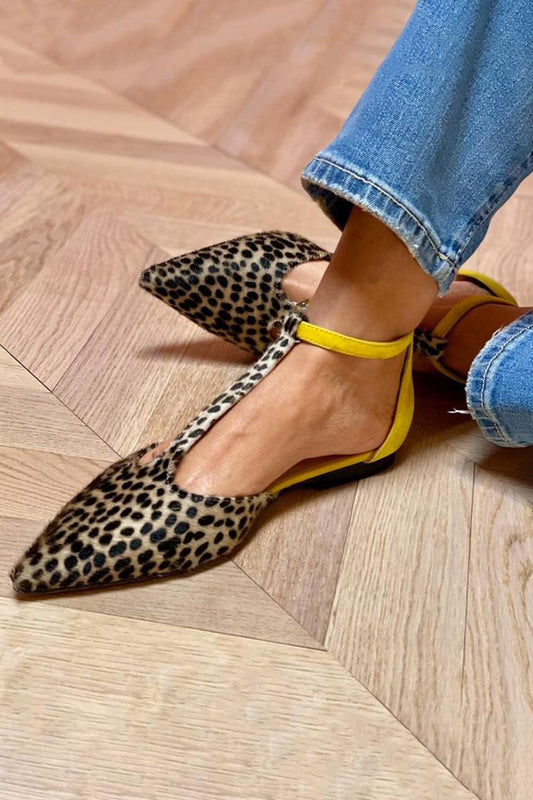 Leopard Print T-Strap Buckle Colorblock Pointed Toe Flats [Pre Order]
