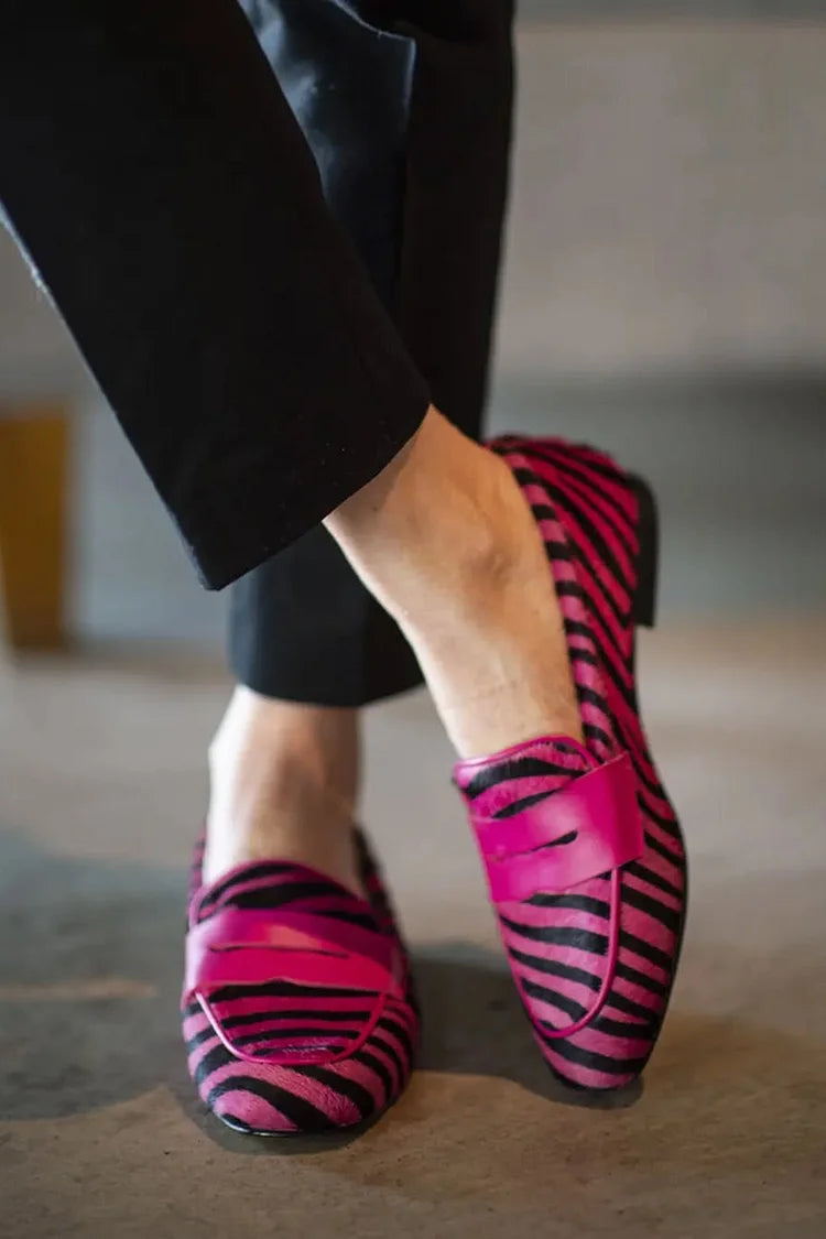 Patchwork Round Toe Zebra Print Fuchsia Loafers [Pre Order]