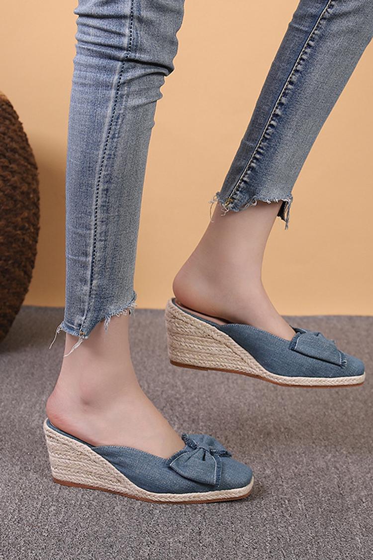 Raw Edge Bow Decor Solid Color Square Toe Casual Wedge Heels