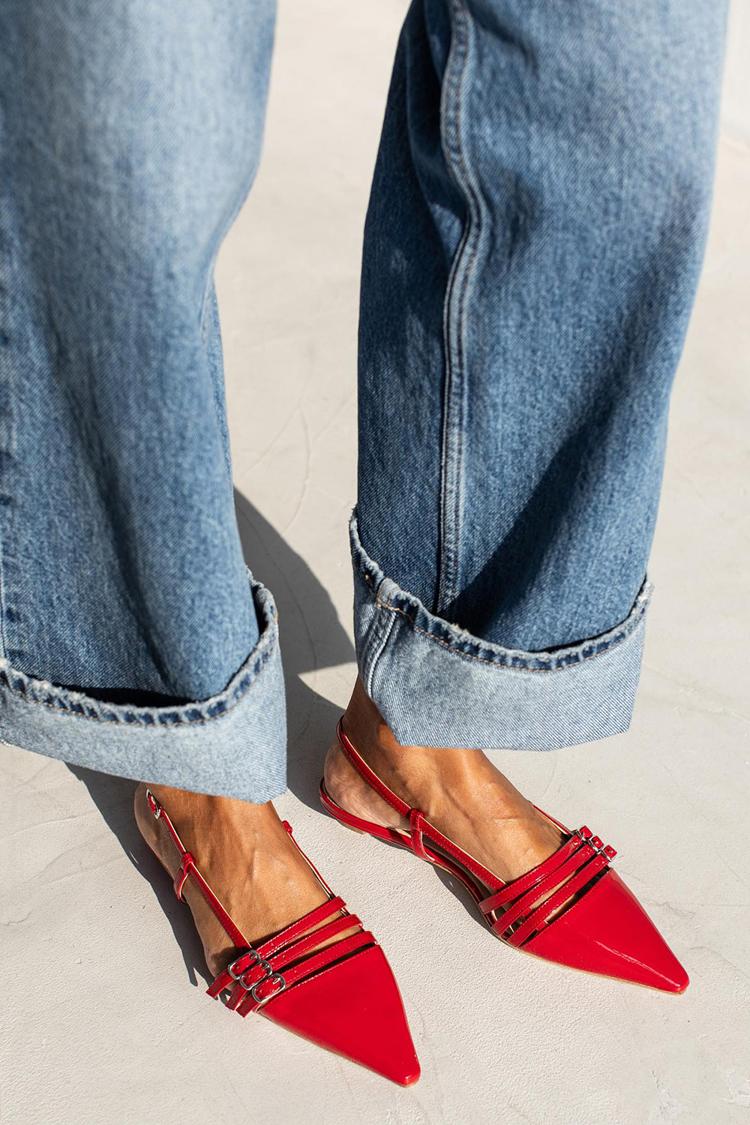 Multi Straps Buckles Pointed Toe Slingback Red Flats [Pre Order]