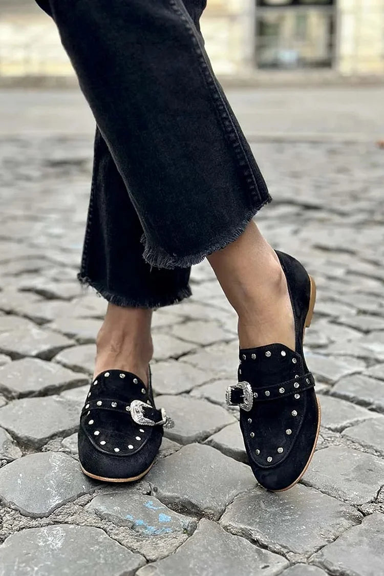 Czarne mokasyny z metalową klamrą i ćwiekami [Przedsprzedaż]