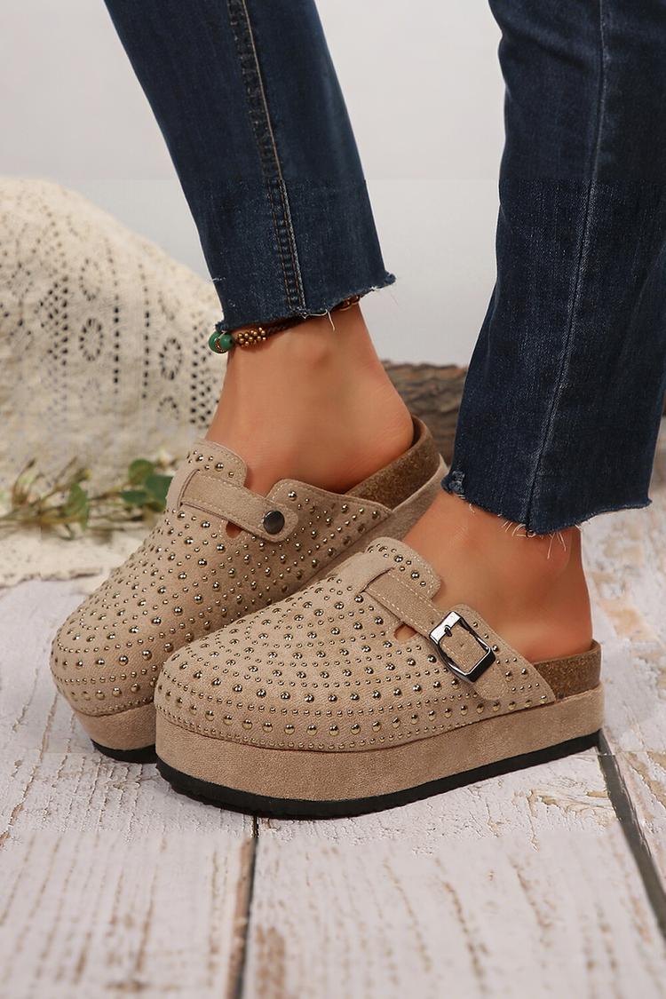 Pantofole casual con punta rotonda, fibbia e cinturino decorati con perforazione a caldo 