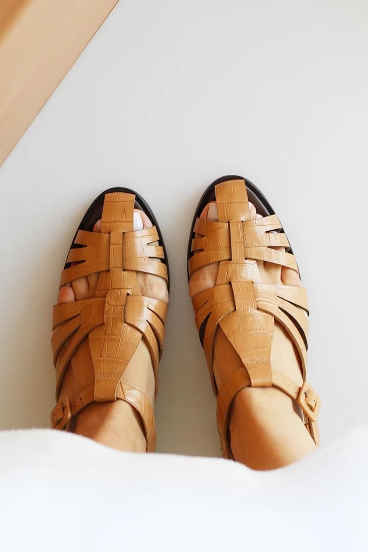 Woven Hollow Out T-Strap Buckle Pointed Toe Khaki Sandals [Pre Order]