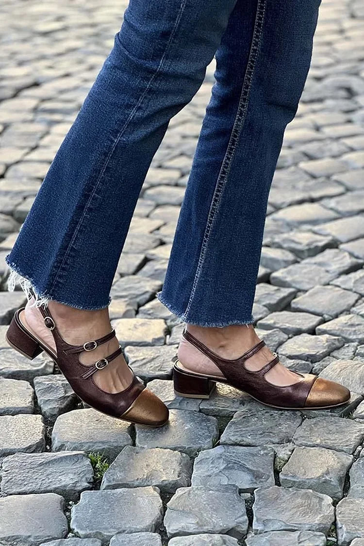 Sandali con tacco e fibbie con cinturini sul collo del piede e patchwork marrone [Pre-ordine]