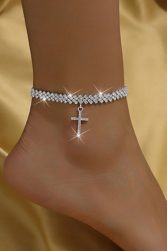 Cavigliera alla moda in lega con ciondolo a croce con decorazione in strass 