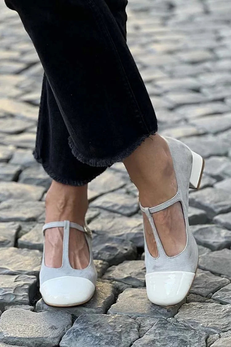 Patchwork T-Strap Buckle Round Toe Gray Low Heels [Pre Order]