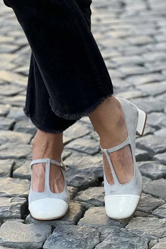 Patchwork T-Strap Buckle Round Toe Gray Low Heels [Pre Order]