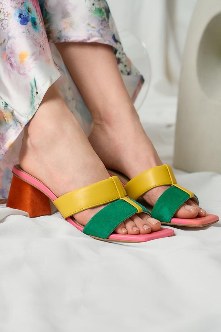 Scarpe con tacco grosso multicolore casual e punta quadrata ritagliata [Pre-ordine]