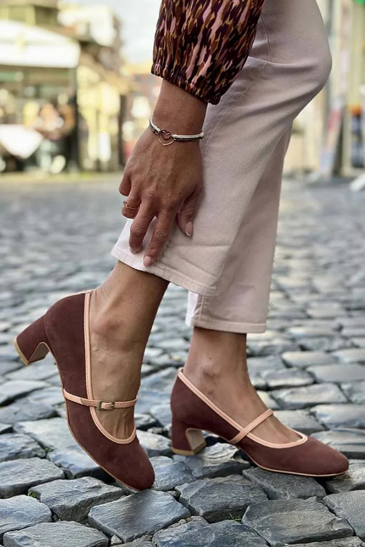 Contrast Trim Instep Strap Buckle Brown Chunky Heels [Pre Order]