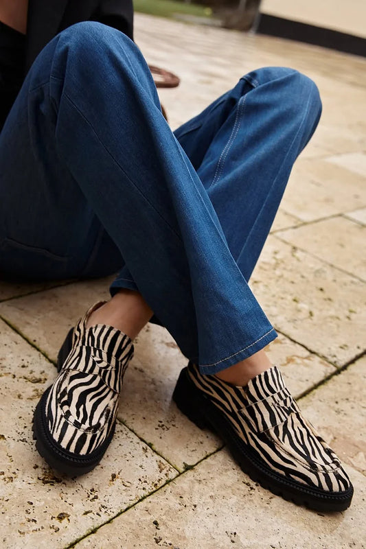 Zebra Pattern Patchwork Round Toe Beige Loafers [Pre Order]