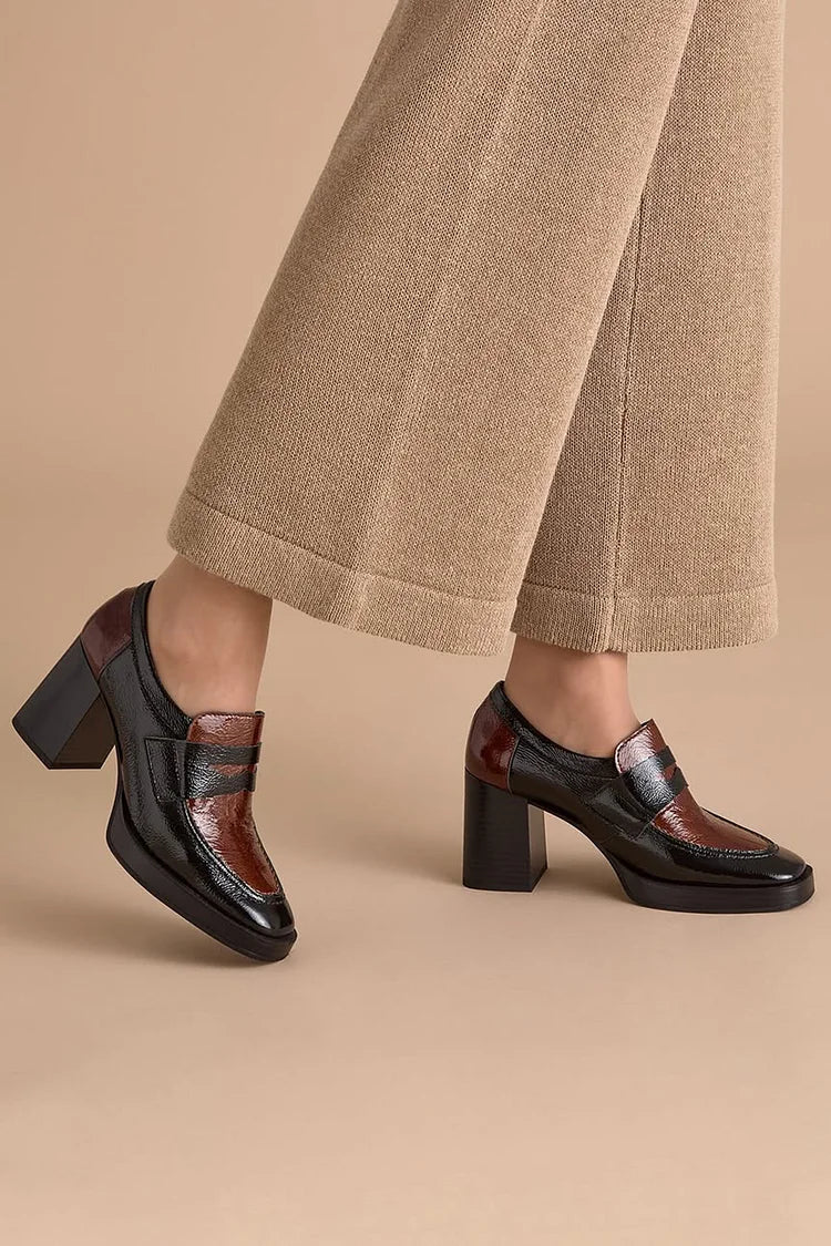 Scarpe col tacco grosso casual nere con blocchi di colore patchwork [Pre-ordine]