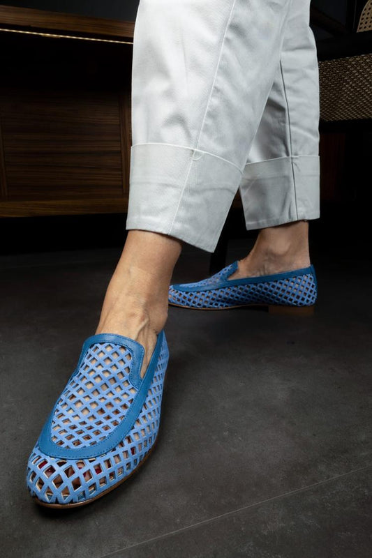 Ausgehöhlte Patchwork-Rundzehen-Blaue Loafers [Vorbestellung]