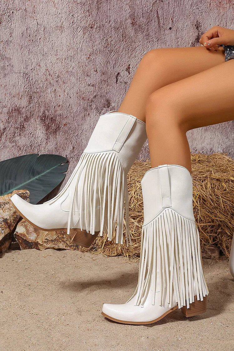 Fringed Trim Solid Color Pointed Toe Chunky Heel Mid Calf Boots