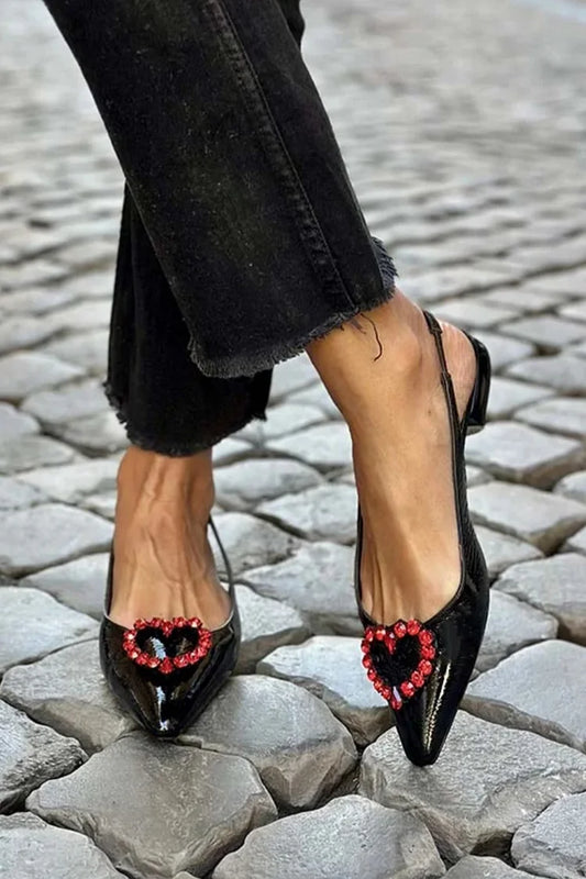 Heart Shaped Rhinestone Decor Pointed Toe Black Flats [Pre Order]