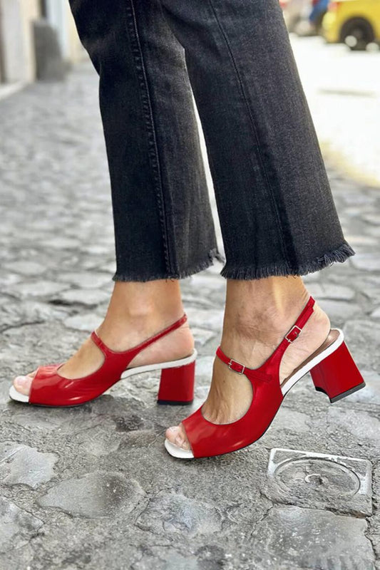 Scarpe con cinturino sul collo del piede, punta aperta, tacco grosso rosso [Pre-ordine] 