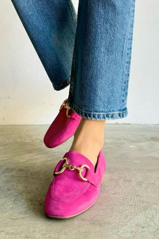 Round Toe Metallic Buckle Decor Casual Fuchsia Loafers