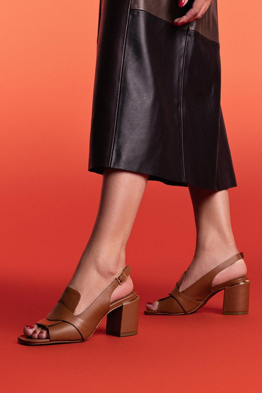 Scarpe con tacco largo marrone a punta aperta e cinturino posteriore in tinta unita patchwork [Pre-ordine] 