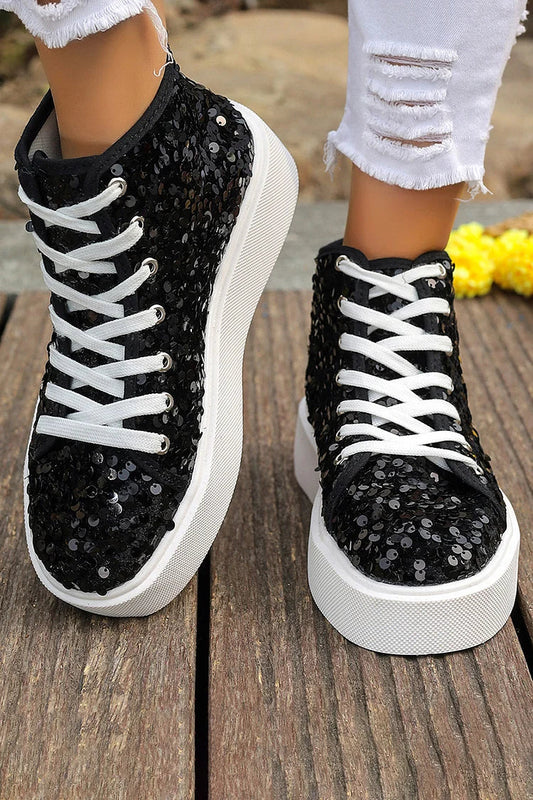 Glitter Sequins Lace Up Round Toe Fashion Casual Shoes