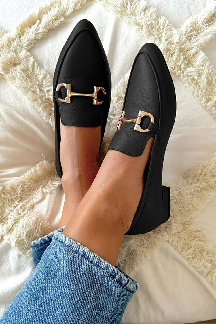 Metallic Buckle Decor Pointed Toe Casual Black Loafers