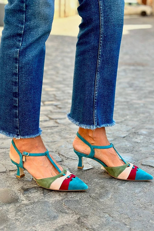 T-Strap Buckle Colorblock Pointed Toe Blue Low Heels [Pre Order]