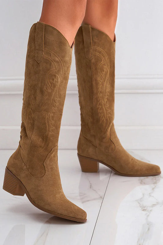 Embroidery Pointed Toe Patchwork Chunky Heel Knee High Boots