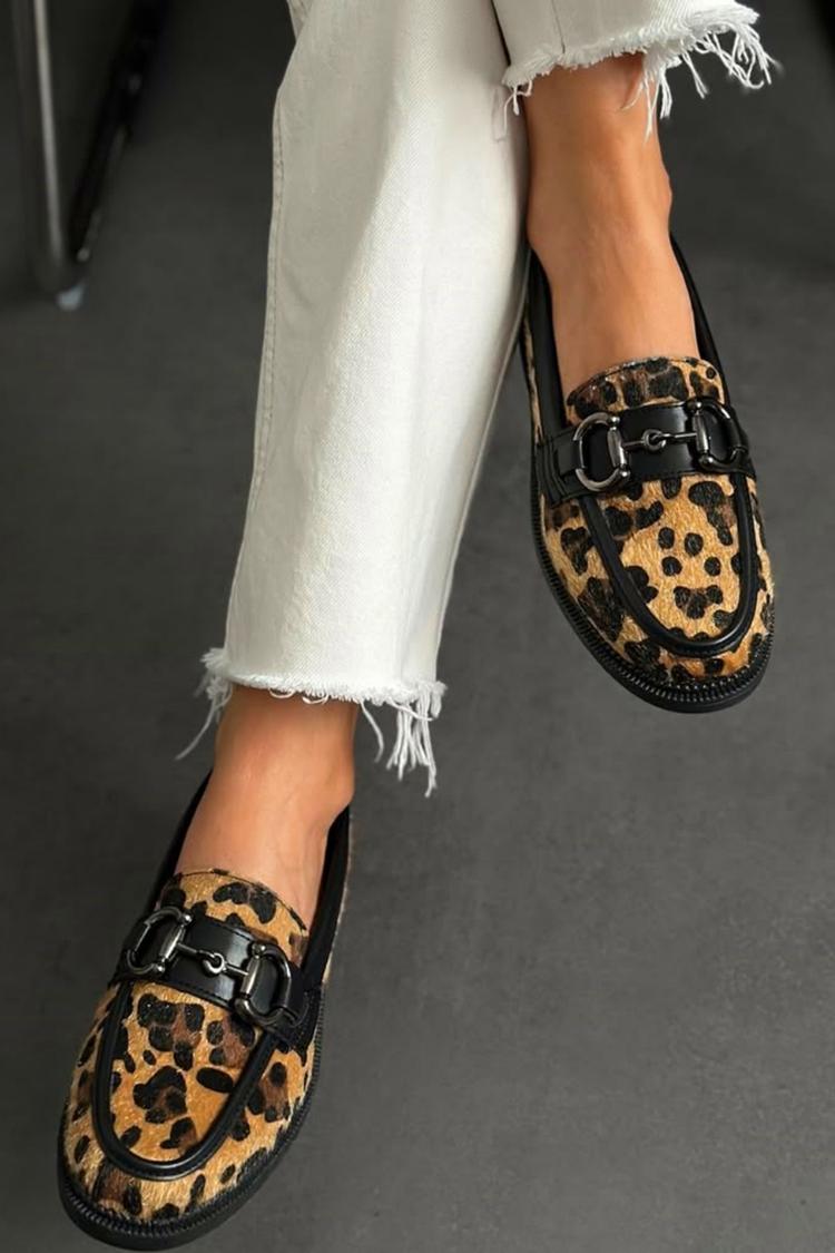 Metall Schnalle Patchwork Leopardenmuster Rund Zehen Slipper [Vorbestellung]