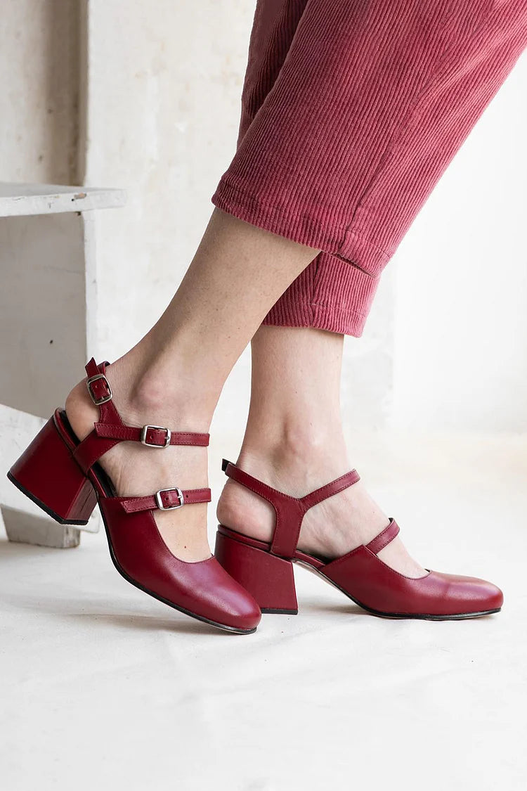 Instep Straps Buckles Slingback Burgundy Chunky Heels [Pre Order]