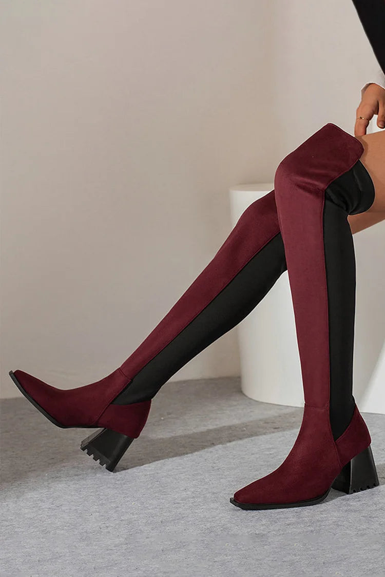 Colorblock Irregular Edge Pointed Toe Chunky Heel Over The Knee Boots