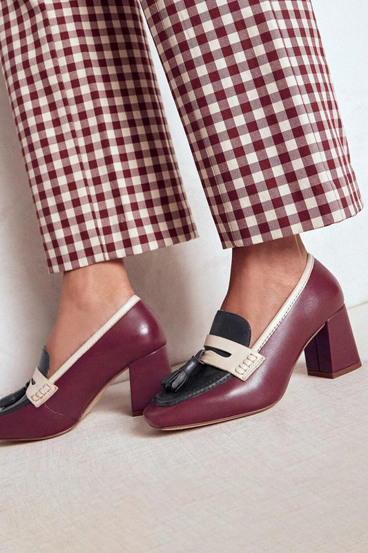 Tassel Decor Colorblock Square Toe Burgundy Chunky Heels [Pre Order]