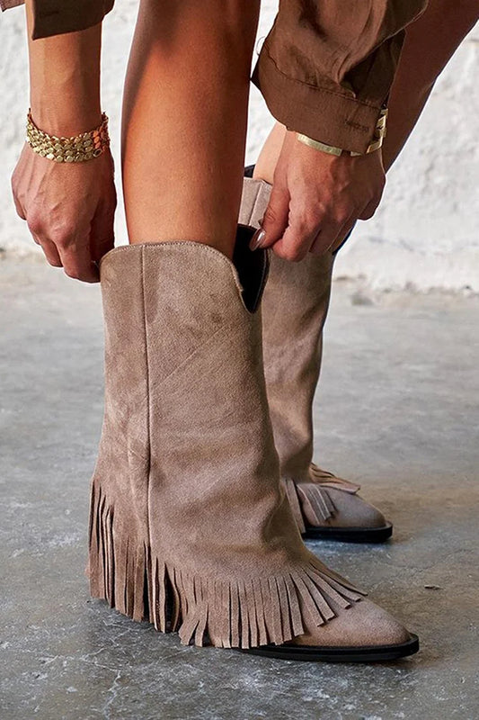 Fold Over Fringe Pointed Toe Light Brown Western Boots [Pre Order]