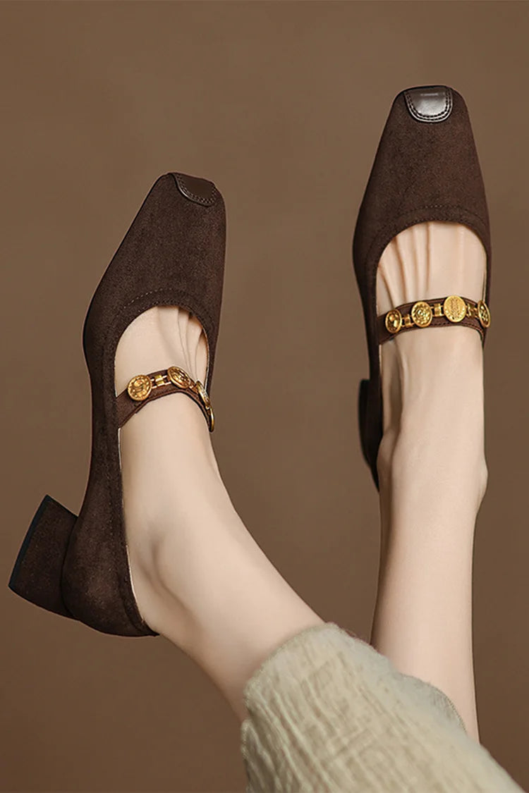 Catena con moneta in metallo, cinturino sul collo del piede, patchwork, punta quadrata, tacco spesso