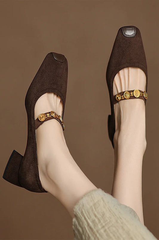 Metal Coin Chain Decor Instep Strap Patchwork Square Toe Chunky Heels