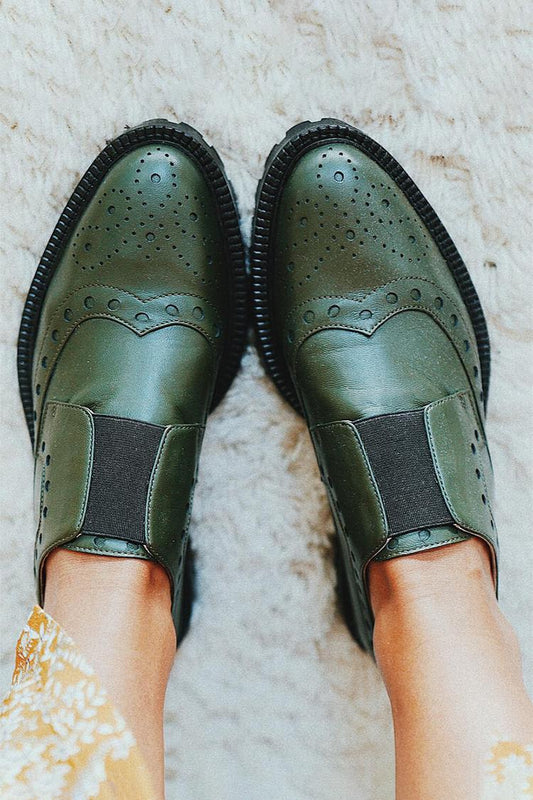 Patchwork Pointed Toe Elastic Strap Dark Green Oxfords [Pre Order]