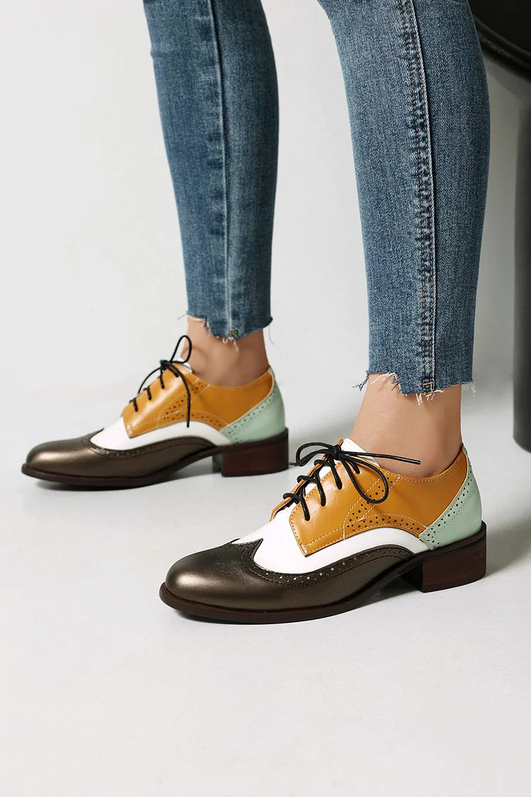 Colorblock Patchwork Round Toe Low Block Heel Lace Up Brogue Oxfords