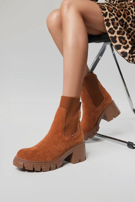 Round Toe Patchwork Casual Chunky Heel Pull On Ankle Boots